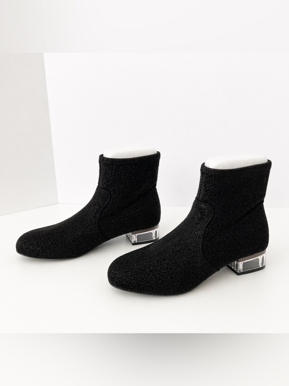 Nine West Black Glitter Sock Booties Clear Heel Size 7M New